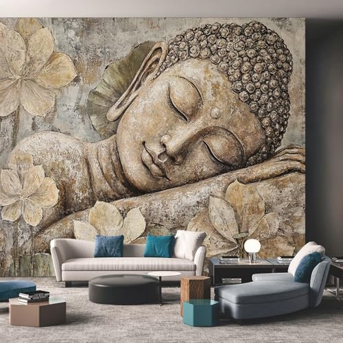 Buddha Statue Mural Wallpaper, Zen Stone Carving Wallpaper for Bedroom, Living Room, TV Backdrop, Office, 3D Large Wall Mural Non-Woven Wall Paper 450 x 315 cm (WxH) &HMJ105