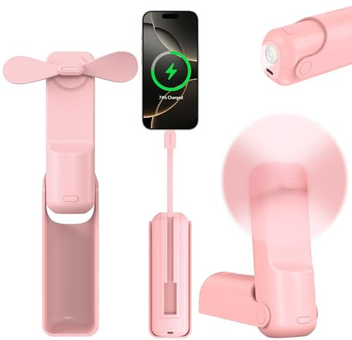 Mini ventilatore portatile portatile 4 in 1, ricaricabile USB-C, con batteria da 4500 mAh [durata 26 ore], torcia, cordino per Disney World, viaggi, estate, concerti, rosa