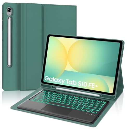 SENGBIRCH Tastaturhülle für Samsung Galaxy S10 FE+ AI-Tablet 13.1 - QWERTZ Deutsche Abnehmbare Beleuchtung Bluetooth Wireless Touchpad Tastatur, Hülle mit S-Pen Stiftschlitz, Dunkelgrün