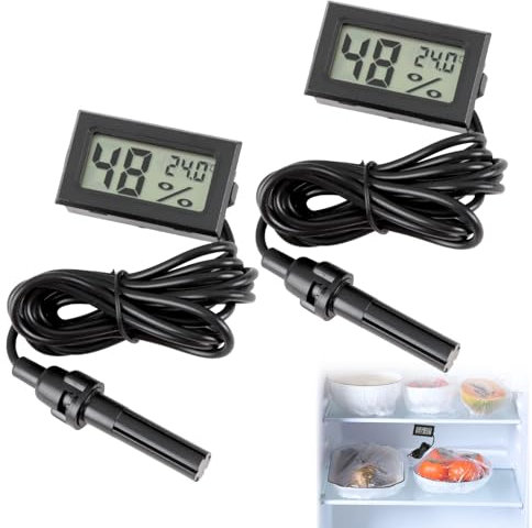 2 Pack Digital Thermometer Hygrometer, Mini Embedded Thermometer Hygrometer with Probe Meter Temperature Humidity Gauge for Reptiles Aquarium Terrarium Incubator Tortoise Office Living Room Black