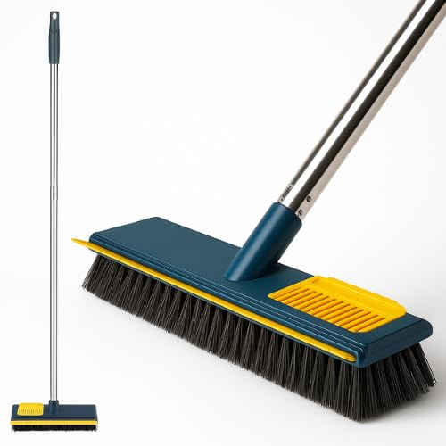 Onesave Floor Scrubbing Brush with Long Handle | 2-in-1 Hard Bristle & Squeegee | Heavy Duty Bathroom, Tile, Patio, Deck & Outdoor Cleaning Brush for Home and Garden
