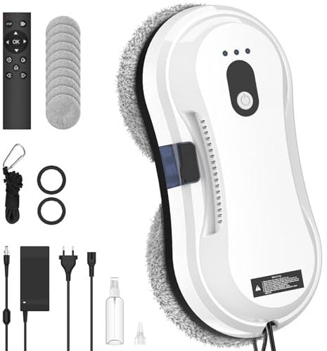 Robot Nettoyeur Vitres, 5600Pa Robot Laveur de Vitres, Pulvérisation D'eau Automatique, 35 ml Réservoir D'eau, 3 Modes de Nettoyage, Télécommande, Détection de Bord, 10 Chiffons, pour Surfaces Lisses