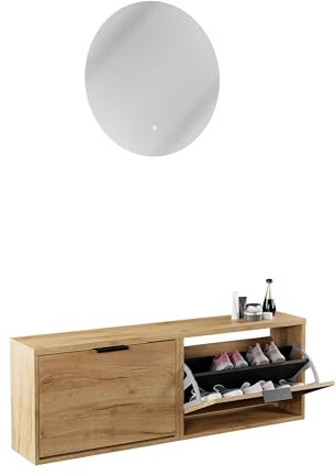 Planetmöbel 2 x Schuhschrank schmal | runder Spiegel mit Beleuchtung 60 cm, (2 Lichtstufen) Schuhkommode mit 1 Klappe Schuhregal mit 2 Ablagen, Garderobe Set, 60 x