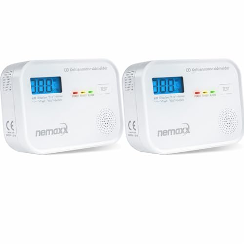 NEMAXX® CM18 Kohlenmonoxid-Melder/CO-Warnmelder mit LCD-Display – 85 dB, elektrochemischer Sensor, EN 50291-1:2018, Testtaste, 3X AA LR6-Batterien, 10 Jahre Produktlebensdauer – 2er Set