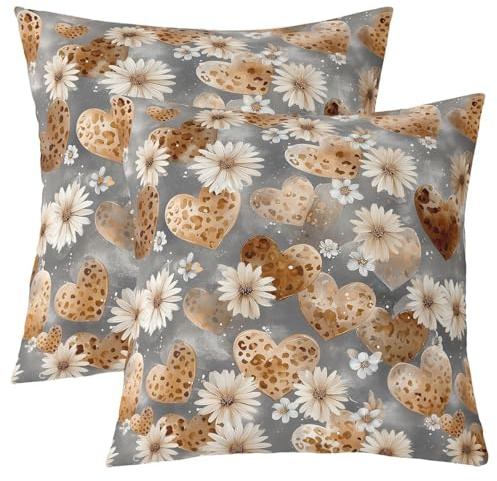 feelingyou Retro Daisy Werfen Kissenbezüge Set von 2,50x50cm Aquarell Herzen Graffiti Romantisch Kissenhülle 70er Groovy Blumen rustikalen Stil Kissenabdeckung für Sofa