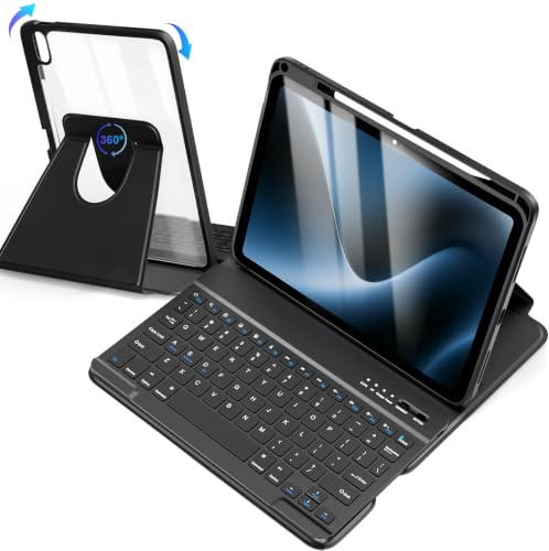 LKV 360 Rotating Keyboard Case for iPad A16 11th 2025/10th Gen 2022 10.9 | Detachable Mute Keyboard Folio Cover with Pencil Holder Keyboard Case for iPad A16 11th 2025/10th Generation 2022 10.9,Black