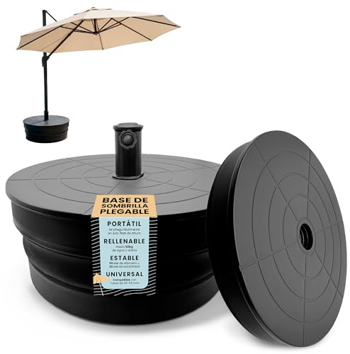 Base para Sombrilla XXL Plegable 50 kg, Redonda Ø50, Rellenable Agua o Arena, Universal Ø35–55 mm, Antiviento Reforzada, Ultra Compacta 7 cm, Ligera y Fácil de Guardar, Terraza Jardín Hosteleria