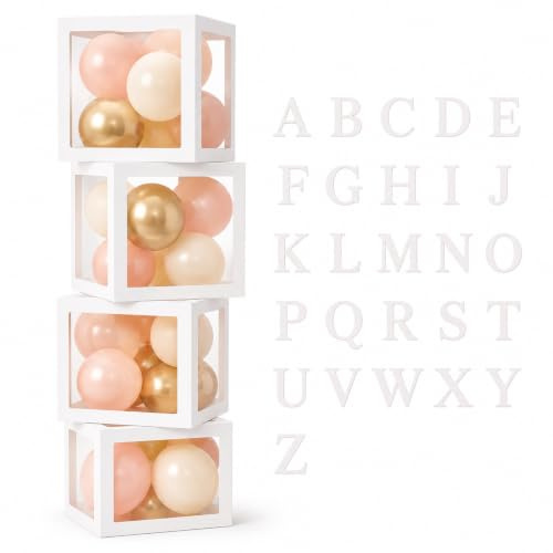 Babyparty Ballon Boxen Deko Set, 4er Weiß Transparente Boxen | mit Buchstaben (BABY+A-Z), für Baby Shower, Gender Reveal, Geburtstag, Valentinstag, Jahrestag & mehr, wiederverwendbar