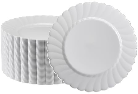 Premium Hard Plastic Silver Rimmed White Plate Set by Oasis Creations - 50 x 9 -Washable & Reusable - Party Supplies for Birthdays, Celebrations, Buffets, Fiestas, Catering & More