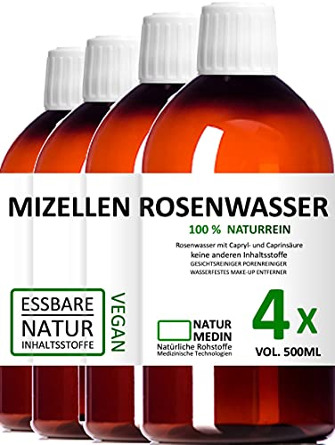 2.000-ml (4 x 500-ml) ESSBARES MIZELLEN ROSENWASSER 100% Naturrein Essbares Mizellenwasser, Gesichtswasser, Gesichtsreinigungswasser NATURMEDIN®