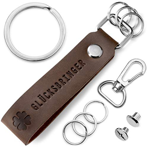 FABACH Leder Schlüsselanhänger mit wechselbarem Schlüsselring in Geschenkbox - Kleeblatt Glücksbringer Schlüsselanhänger mit Gravur- - Kleiner Glücksbringer - Viel Glück - Viel Erfolg