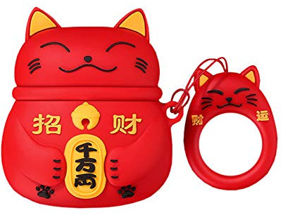 SGVAHY Custodia carina per AirPods 1 e 2, design creativo con gatto fortunato portafortuna, in morbido silicone, con supporto con fibbia ad anello, scatola di ricarica wireless per Airpods 1 e 2