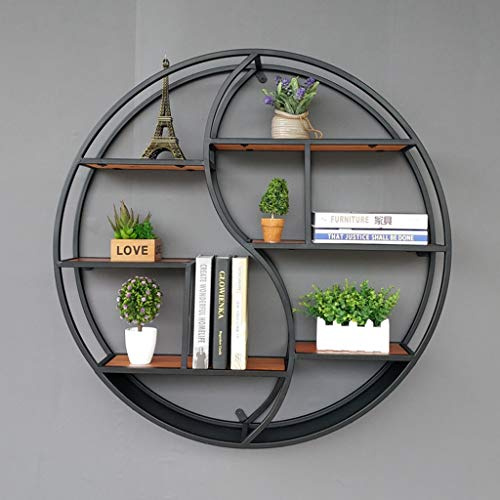 Wandregal Retro Industrial Wrought Iron Round, Holz & Black Metal Mounted Regale, für Wanddekoration Kreative Display Stehen Bücherregal, 6 Tier