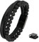 Flongo Herren Lederarmband mit Naturstein Perlen Geflochten Premium Leder Braid Buddhistisch Armband Manschette Armreif Lava Stein Kugel kette Magnet Verschluss für Männer Vatertagsgeschenk Schwarz