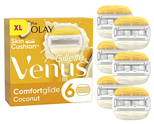 Gillette Venus Pro ComfortGlide Coconut Scented Women’s Blades with Olay Moisturiser, 6 Refill Razor Cartridges, Reusable Metal Handle and Shower Holder