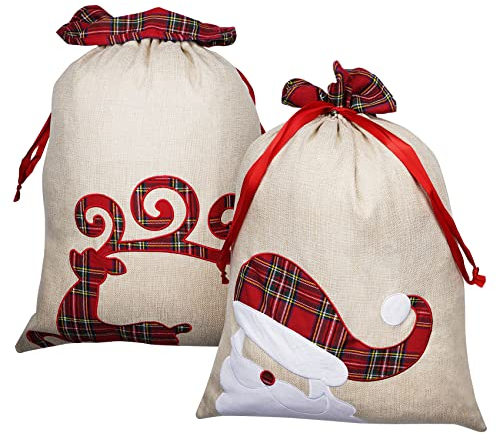Adorfine 2 Stück Weihnachtssack Weihnachtsmannsack Weihnachten Tasche mit Kordelzug Jutesack Xmas Geschenk Packtaschen für Weihnachtsfeier Dekoration