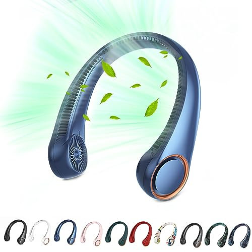 PenKou Hals-Ventilator, tragbarer, händefreier, blattloser Hals-Ventilator, 4000 mAh, per USB wiederaufladbar, 3 Geschwindigkeiten, 72 Luftauslässe, 360 ° Lüfter, super leise, blau