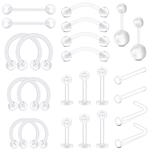 D.Bella 20-30stk Klar Piercing Retainer Cartilage Helix Tragus Ohrstecker Ringe Bioflex Flexibel Hufeisen Lippenpiercing Nasenring Nasenstecker Ohrringe Piercings Kit Plastik für Frauen Männer