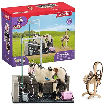 schleich 42104 HORSE CLUB - Box Lavage Chevaux avec Figurine Cheval et Cavalier - Coffret de Lavage de Chevaux de 11 Pièces avec Cheval, Cavalier et Accessoires - Cadeau pour enfants de 3 ans et +