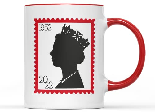 SmartyPants Platinum Jubilee 2022 Stempel-Tasse – Queen Elizabeth Her Majesty 70 Jahre Gedenk-Andenken, Souvenir, Geschenk, Dekoration, königliche Feier, Jahrestag (roter Griff)