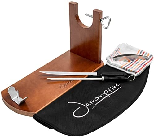 Jamonprive Professioneller Schinkenhalter (lackierter) + Messer + Wetzstahl + Schinkenabdeckung + Küchentuch + Pinzette - Ideal für Serrano, Ibérico und Prosciutto Schinken