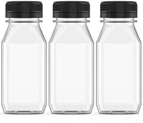 5 Pcs 8 oz Plastic Juice Bottle Reusable Transparent Bulk Beverage Containers with Black Lids for Juice, Drinking Milkshake Tea, Milk, Juicing Smoothie Water and Other Beverages, Fridge Storage