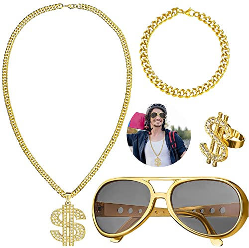 4 Stück Dollar Kette set Goldkette Herren, Zuhälter Kostüm Set, Malle Accessoires,Hiphop Schmuck,Kette Dollar Zeichen Ring Retro Sonnenbrillen Personalisiert Armband,80er 90er Jahre Accessoires