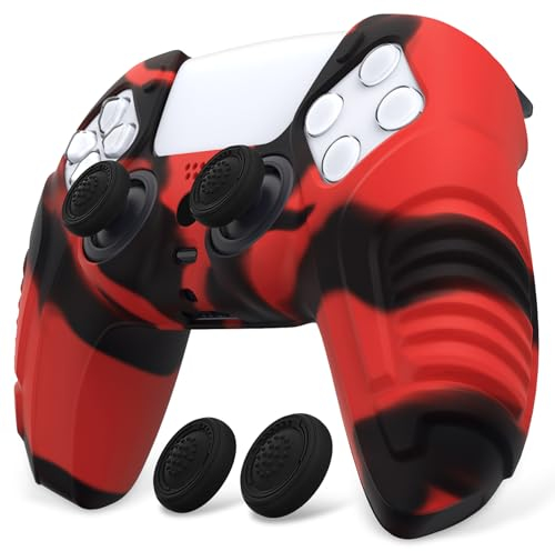 PlayVital Coque Manette pour ps5 Protection Housse Silicone avec Capuchon Joystick pour ps5 Controller Cover Skin,Édition Guerrier Enragé-Rouge & Noir