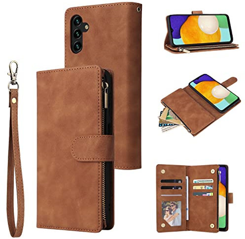 QLTYPRI Hülle für Samsung Galaxy A54, Premium Leder Handyhülle mit Große Kapazität 6 Kartenfach & 1 Reißverschluss Tasche Ständer Schutzhülle für Samsung Galaxy A54 - Braun