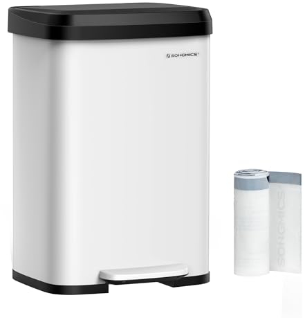 SONGMICS Poubelle de cuisine en acier inoxydable de 40 litres, avec couvercle qui reste ouvert et pédale de marche, fermeture douce, haute, grande et peu encombrante, blanche et noire ULTB530W50