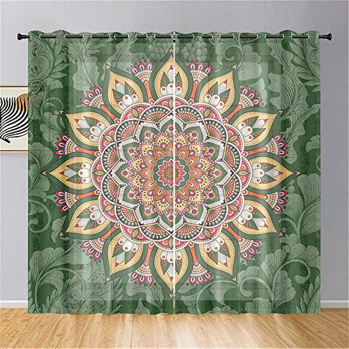 Hiseng Mandala Voile Vorhänge mit Ösen Durchsichtig Halbtransparent Ösenvorhang für Fenster Wohnzimmer Schlafzimmer Moderne und Elegante Transparent Gardine 2er Set (132x160cm,Grün Mandala)