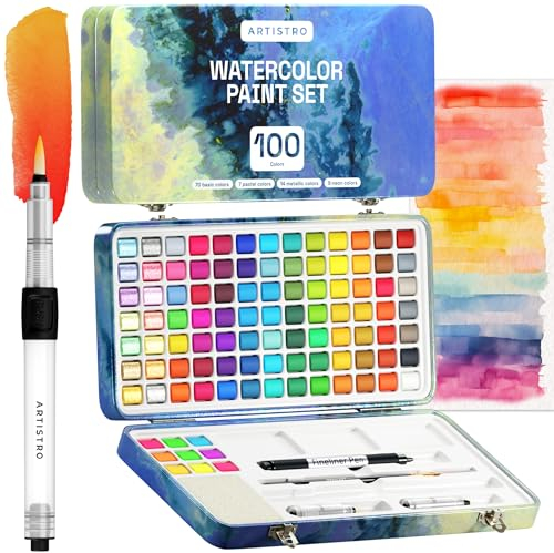 Artistro Juego de pintura de acuarela, 100 colores vivos en caja portátil, Paleta de pintura incluyendo colores metálicos, fluorescentes, pastel. Juego de acuarela de viaje para amantes de la pintura