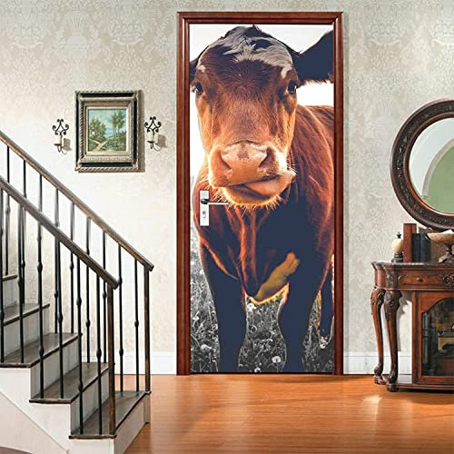 Türtapete Selbstklebend Türposter Tür Aufkleber Für Innentüren 3D Tierische Kuh 80 X 200 Cm Bewegliche Tür Wasserdicht Wohnzimmer Schlafzimmer Tür Dekoration Aufkleber