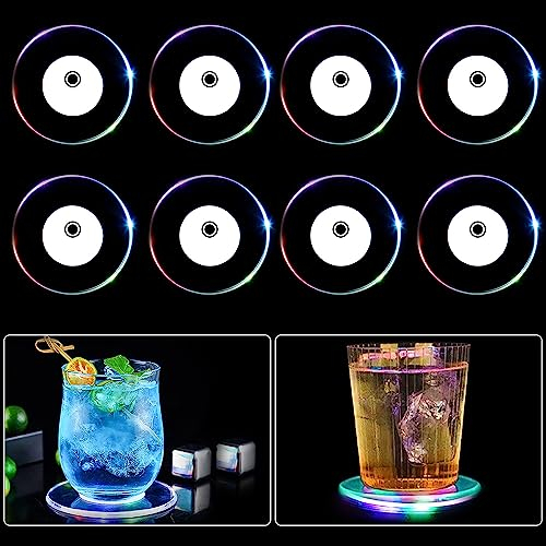 Aoreun 8 Stück Bunt LED Untersetzer, ON/Off Taste Getränke Untersetzer und Wasserdicht Acryl-quadratischen Untersetzern ür Gläser Flaschen Partys Hochzeiten Bar Weihnachten