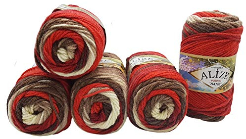 5 x 100 Gramm Alize Burcum Batik Wolle mehrfarbig mit Farbverlauf, 500 Gramm Acryl Strickwolle bunt (rot braun beige 4574)