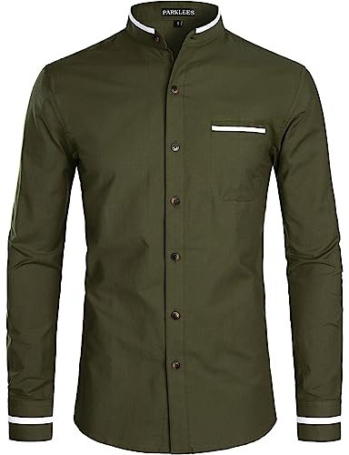 PARKLEES Mens Hipster Design Grandad Collar Oxford Shirt Slim Fit Long Sleeve Casual Button Down Dress Shirts with Pocket EU-PZ113 Army Green Medium