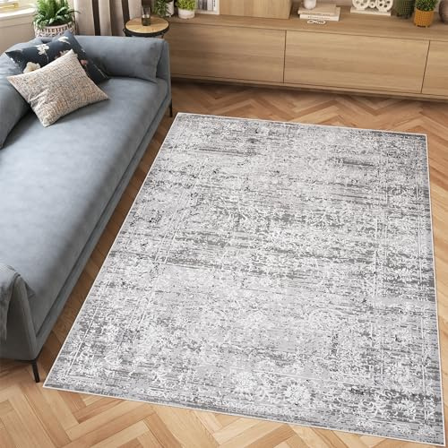 TAPISO Hera Teppich Kurzflor Glänzend Grau Creme Vintage Linien Abstrakt Meliert Verwischt 3D Effekt Wohnzimmer Schlafzimmer ÖKO-TEX 160 x 230 cm