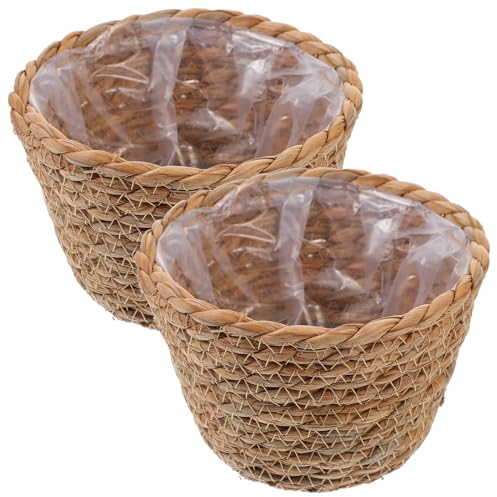 Happyyami 2pcs Seagrass Planter Basket Flower Pots Cover Storage Basket Plant Containers Hand Woven Basket with Plastic Liners Straw Flower Pot for Indoor Outdoor Plant 18cm