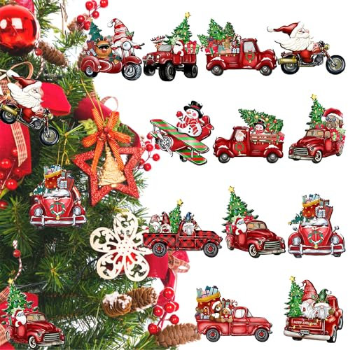 24Pcs Christmas Truck Wooden Hanging Ornaments, Red Truck Wooden Hanging Decor for Christmas Tree Decorations with Bead Twine, Wood Hanging Craft for Xmas Decor Home Party Supplies