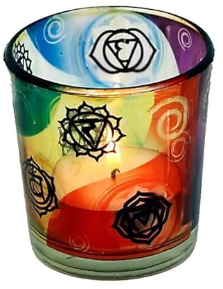 Portavelas de cristal de colores con símbolos de 7 chakras