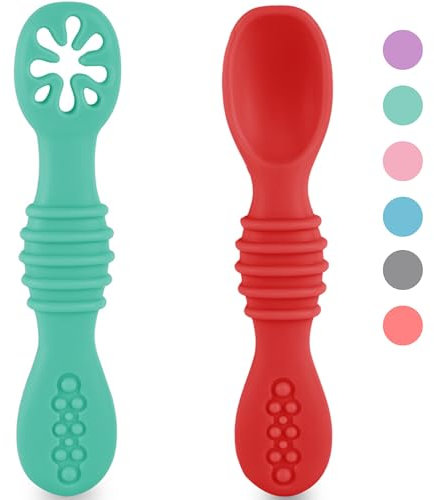 HOMYBABY® Cucchiaino Svezzamento - Cucchiaio Svezzamento Antibatterico per il BLW - Cucchiaino Silicone Neonato - 2 Cucchiai Ergonomici Neonati Dai 6 Mesi, 2 Fasi Dell'alimentazione (I, x2)