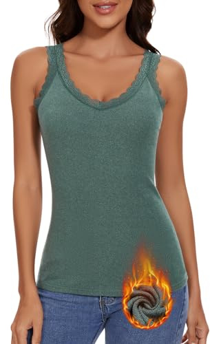 WOWENY V neck Ladies Thermal Vest Lace Camisole tops for Women Warm Underwear Sleeveless Winter Ribbed Base Layer