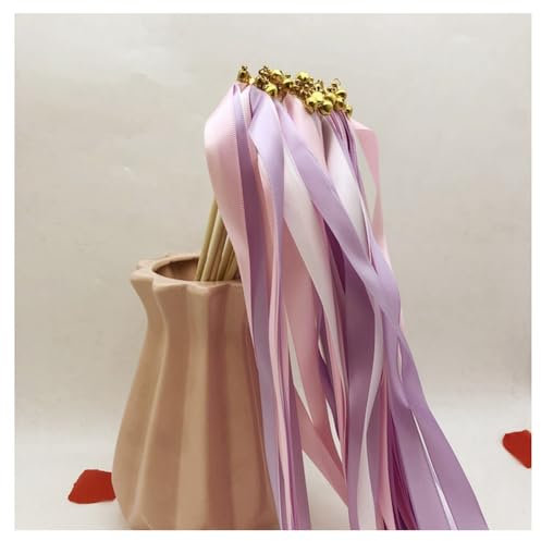 Hrlace 50 Stück Wedding Wands Hochzeit Luftschlangen mit Glocken Band Zauberstäbe Ribbon Fairy Stick Hochzeit Feenstäbe Glücksstäbe Seidenfeenstab für Hochzeiten Geburtstag Party Rose Lila 50 Stück