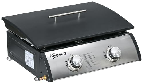 Outsunny Gas Plancha Grill with 2 Stainless Steel Burner, 10kW, Portable Tabletop Gas BBQ with Non-Stick Griddle for Camping Picnic Garden Party Festival