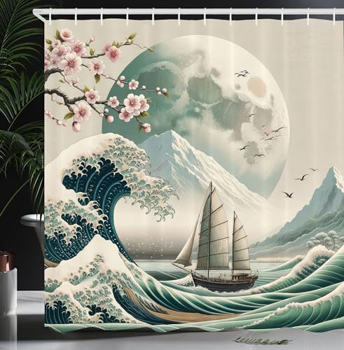 ABAKUHAUS Nautisch Duschvorhang, Marine asiatisches Wellenornament mit Kirschblüten in Pastellfarben, Stoffliches Gewebe Badezimmerdekorationsset mit Haken, 175 x 200 cm, Meeresschaum Kokosnuss Rosa