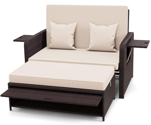 Multigot Double Rattan Daybed, 4-Level Adjustable Wicker Sun Lounger with Storage Ottoman, Retractable Tray and Cushions, Outdoor Conversation Furniture Garden Relaxing Chair Bed (Beige)