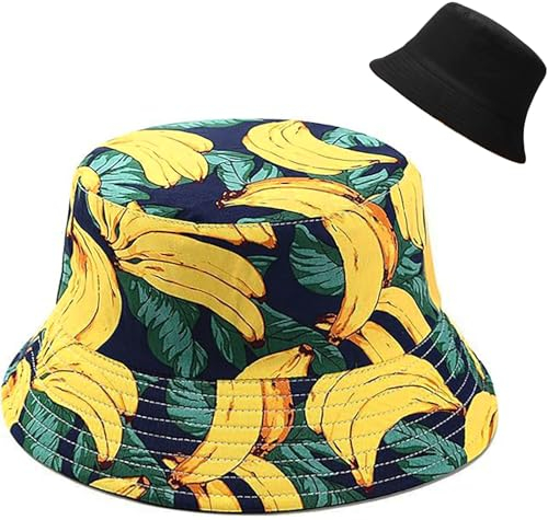 Malaxlx Damen Banane Muster Fischerhut Bucket Hat Anglerhut Sonnenhut Reversibel Fischerhüte Sommerhut Faltbarer Strandhut Draussenhut