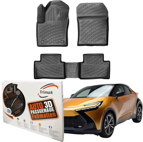 Trimak Passgenau 3D Fussmatten Auto Kompatibel mit Toyota C-HR 2.Gen 1.8 Hybrid ab 2024 Auto Zubehör 1. und 2. Reihe Gummimatten Autos TPE Allwetter Geruchlos rutschfest Vorne & Hinten Schwarz