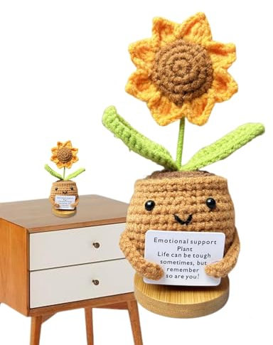 Mini-Strickpuppe, künstlicher Sonnenblumenstrauß – kleine gestrickte Schreibtischdekorationen, niedliche gehäkelte Sonnenblumen für Kinder und Erwachsene