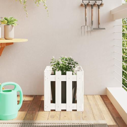 Homgoday Fioriera Giardino a Recinzione Bianco 40x40x40 cm Massello Pino, Fioriera Grigliato per Giardino, Fioriera da Esterno,Fioriera Balcone